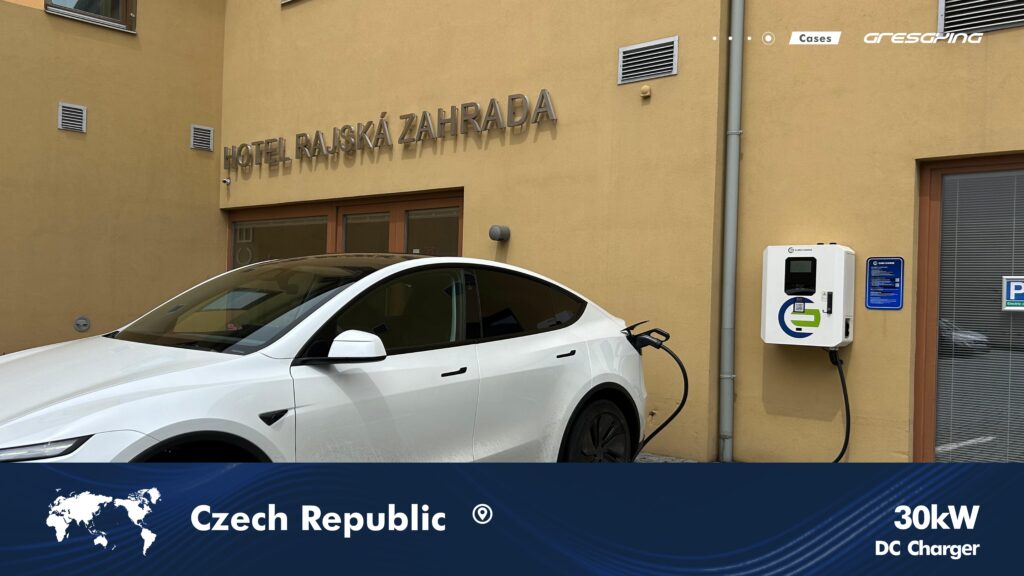 EV Bowser 30kW charger wall-mounted at a hotel in Czech Republic, charging a Tesla